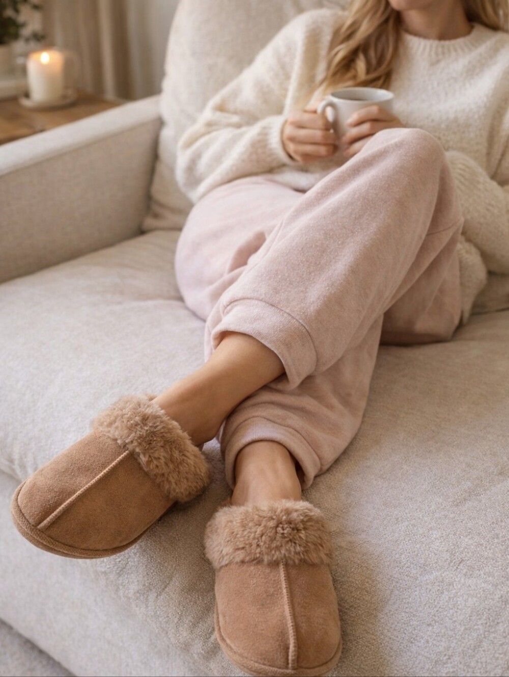 Floopi Faux Fur Trim Mules Slippers Tan Clog Style Size 11